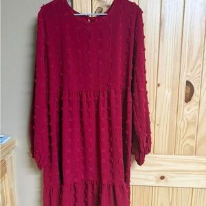 Textured Red Long Sleeve Tiered Dress
